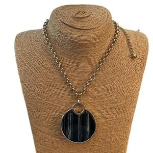 Chico's Black Abstract Design Circle Pendant on Gold Chain. NWT‎